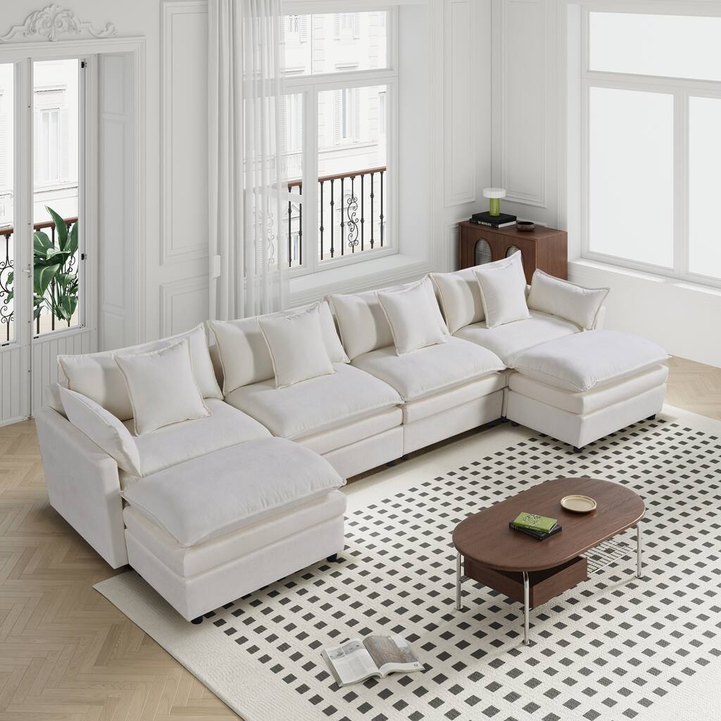 White 142.52" U-Shaped 6-Seater Sofa with Convertible Chaise and Ottomans