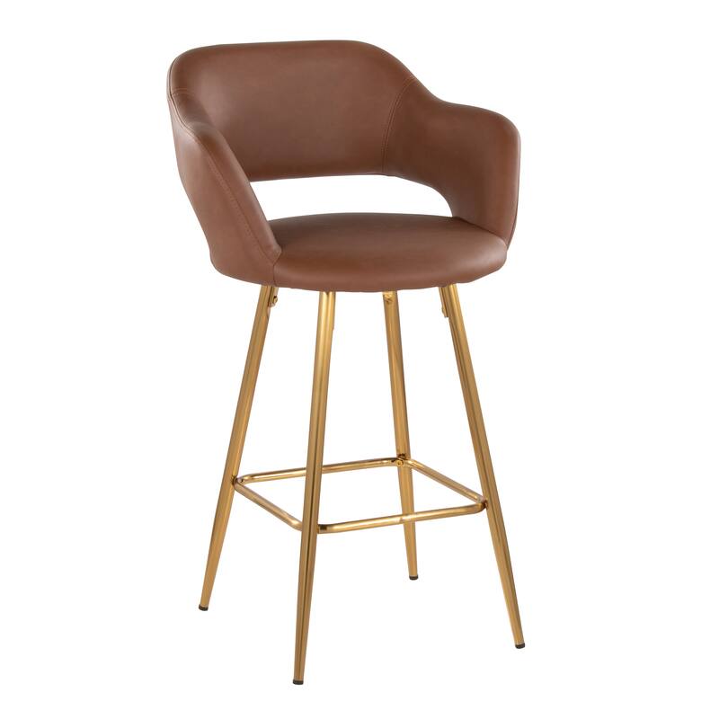 Porch & Den Vallen 26" Fixed-Height Faux Leather Counter Stool with Metal Legs & Square Footrest (Set of 2) - Brown Faux Leather/Gold Metal