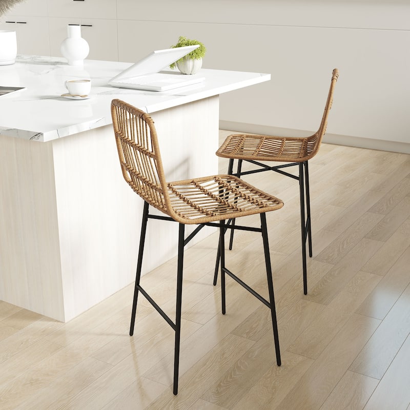 HOMCOM Rattan Counter Height Bar Stools Set of 2, 26" Wicker Barstools with Back, Modern Bar Chairs for Kitchen Island, Black