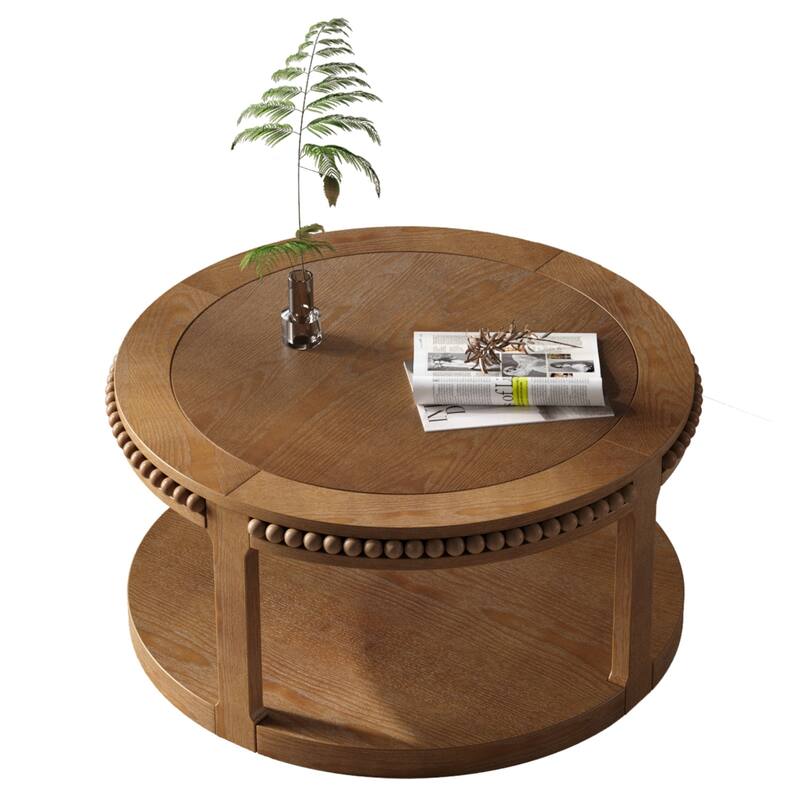 31.5" Round Solid Wood Coffee Table – Two-Tier Thickened Top with Sturdy Legs for Living Room & Lounge