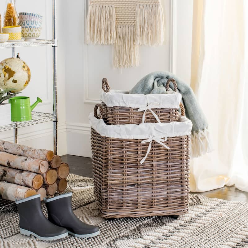 SAFAVIEH Zohreh Rattan Square Baskets with Wheels (Set of 2) - 23.6" x 23.6" x 21.6" - 24Wx24Wx22H