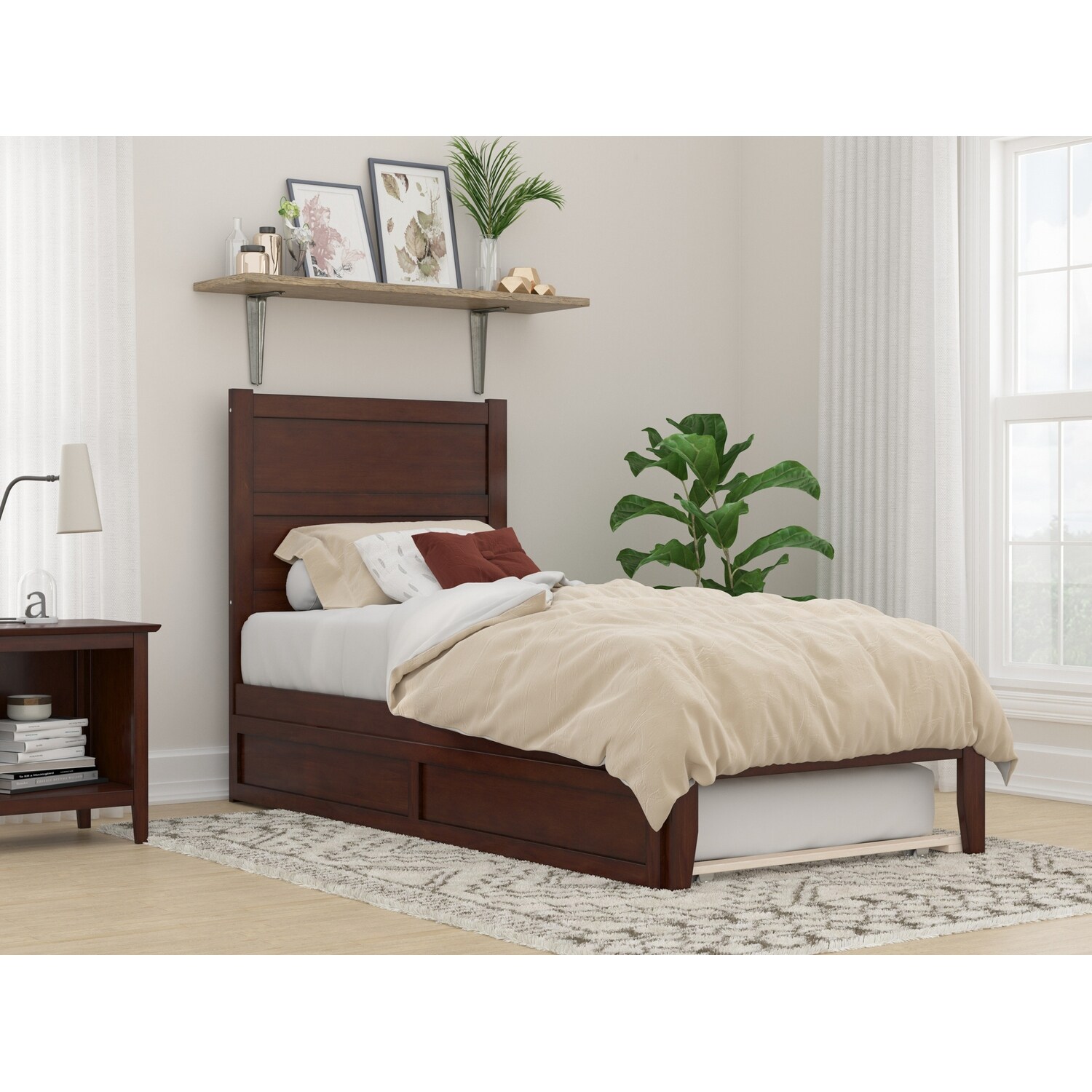 Twin XL Bed with Trundle & USB Ports - Modern Platform Bed Frame - Walnut Finish