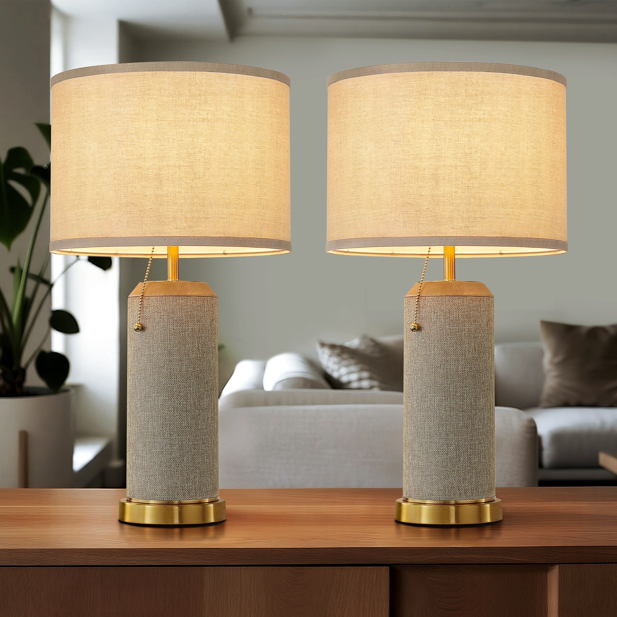 Table Lamp, Ratten Base Bedside Lamp with Beige Linen Lampshade for Bedroom