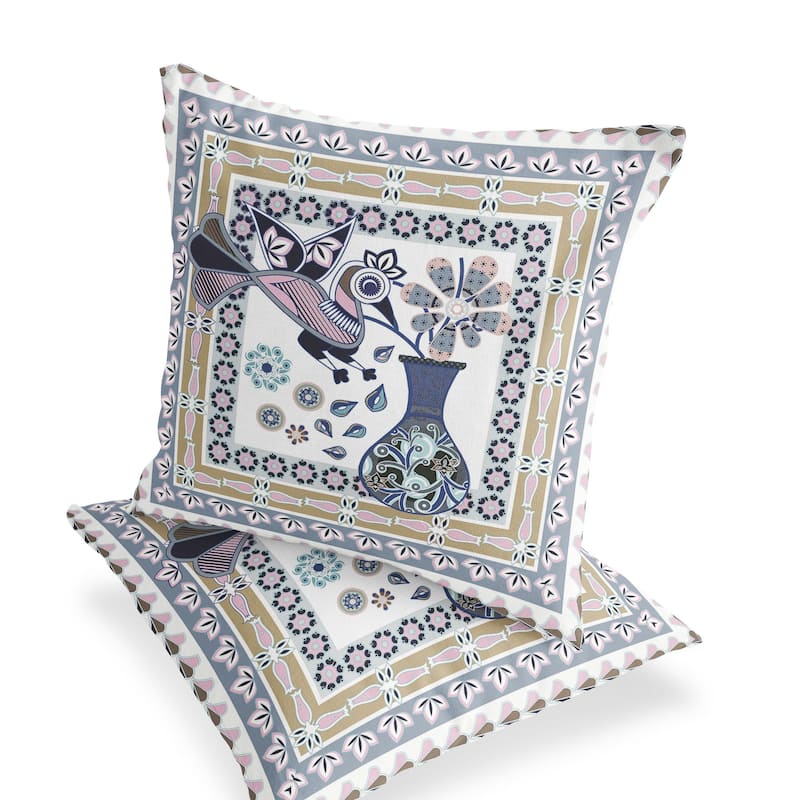 HomeRoots Set of Two 16" X 16" Beige and White Peacock Blown Seam Floral Indoor Outdoor Throw Pillow - 16.00' X '16.00' X '5.00