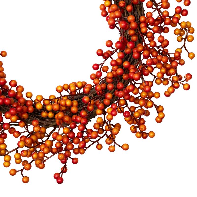 18" Red Orange Berries Artifical Fall Harvest Twig Wreath, 18", Unlit