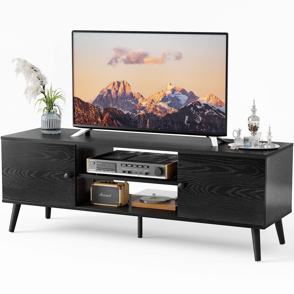 Living room/bedroom TV media console stand, adjustable shelves, 2 storage cabinets