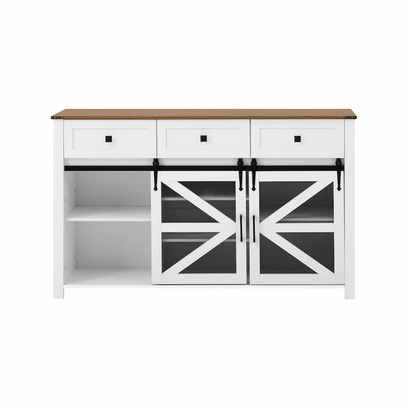 55'' Sliding Barn Door Sideboard with 3 Drawers, Particle Board & Metal Mesh Storage Cabinet
