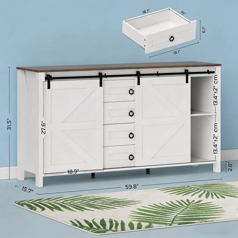 Rossetta Farmhouse Retro Classic Barn Door Design Buffet Cabinet with Sliding Doors and Adjustable Shelves