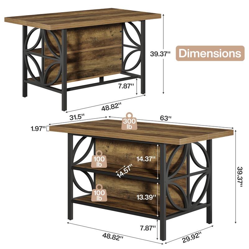 63-Inch Large Home Bar Table with Footrest, Rustic Brown