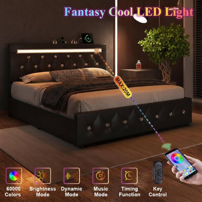 Full Size Bed Frame with LED Light and Storage Drawers, PU Upholstered Bed Frame with Adjustable Headboard, Charging Station