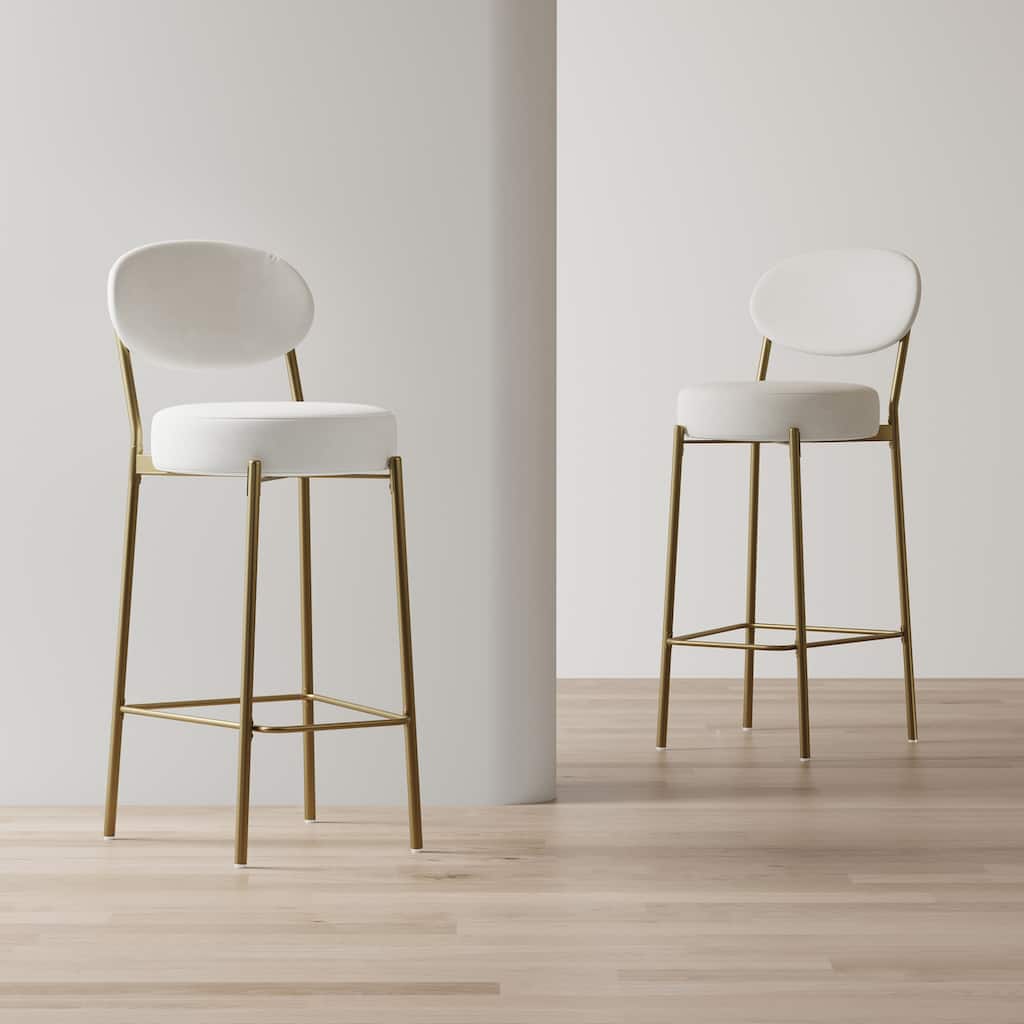 Set of 2 29" Velvet Bar Stools with Backrest & Footrest, Round Counter Dining Chairs for Kitchen - Creamy White
