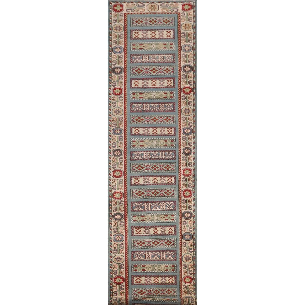 Blue Geometric Kazak Runner Rug Hand-Knotted Traditional Wool Carpet - 3'4" x 16'4"