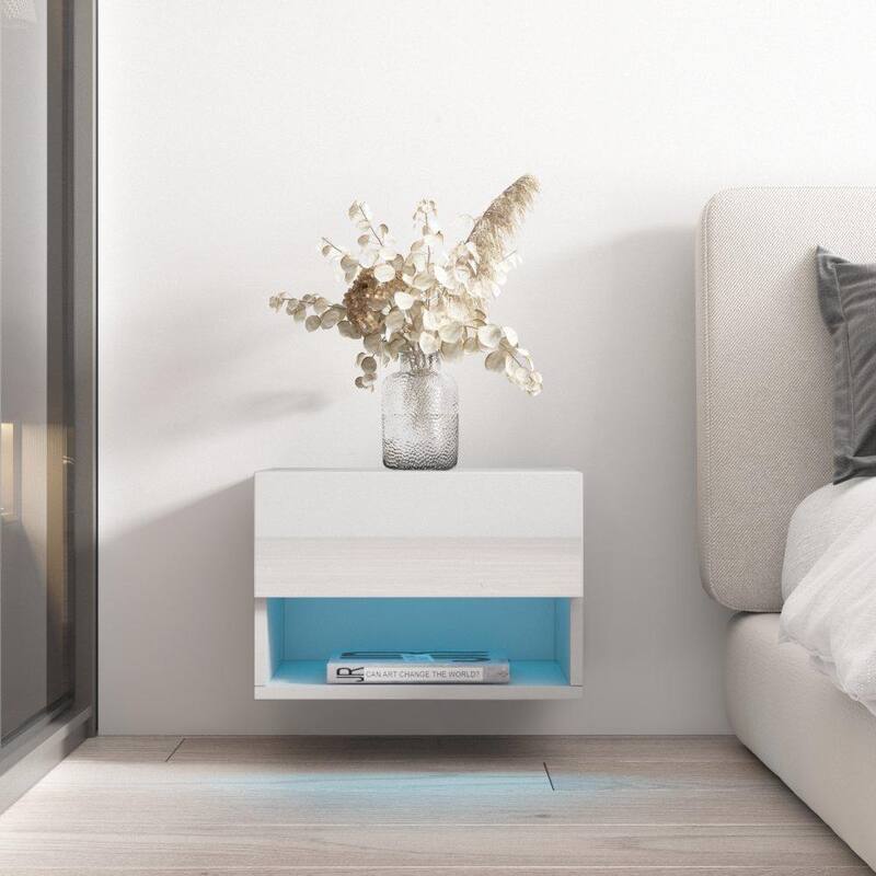 Meble Furniture Air Modern Floating Wall-Mounted Nightstand 19.7"W x 15.7"D x 13.5"H White LED Lighting European Design
