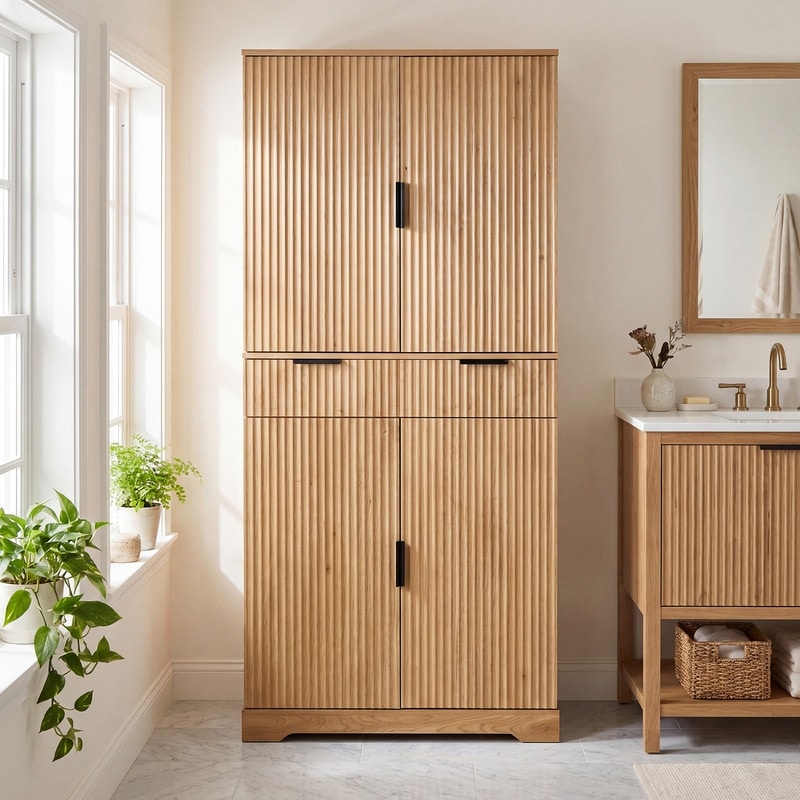 72" Fluted Kitchen Pantry Cabinet with 3 Keyboard Drawers for Bathroom Dining Room, Freestanding Cupboard Storage Cabinet - N/A