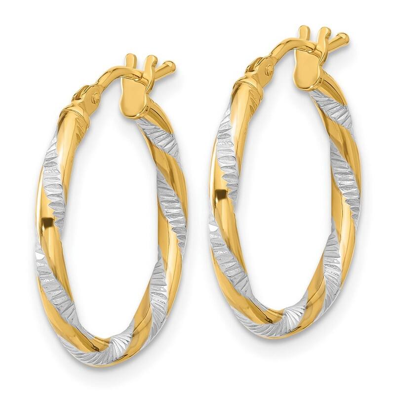 Curata 14k Yellow Gold White Rhodium Polished Diamond cut Hoop Earrings - 19.7x19.5mm