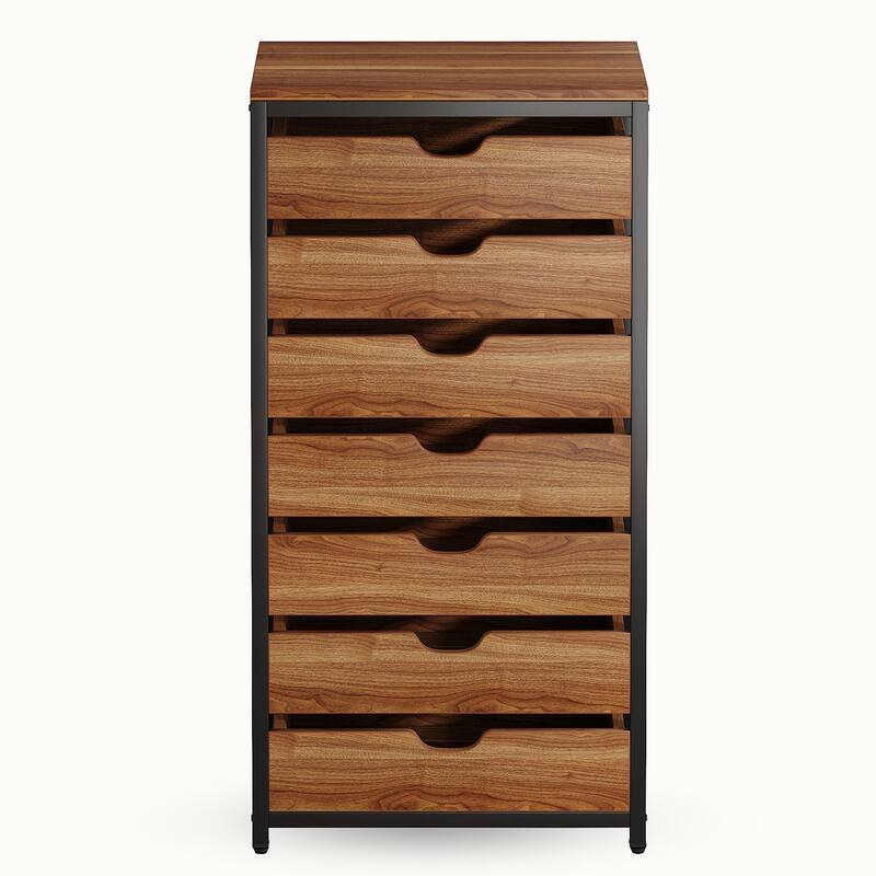 7-Drawer Storage Dresser Cabinet with Wheels, Industrial Wood Chest Organizer with Metal Frame, Mobile Drawer Unit