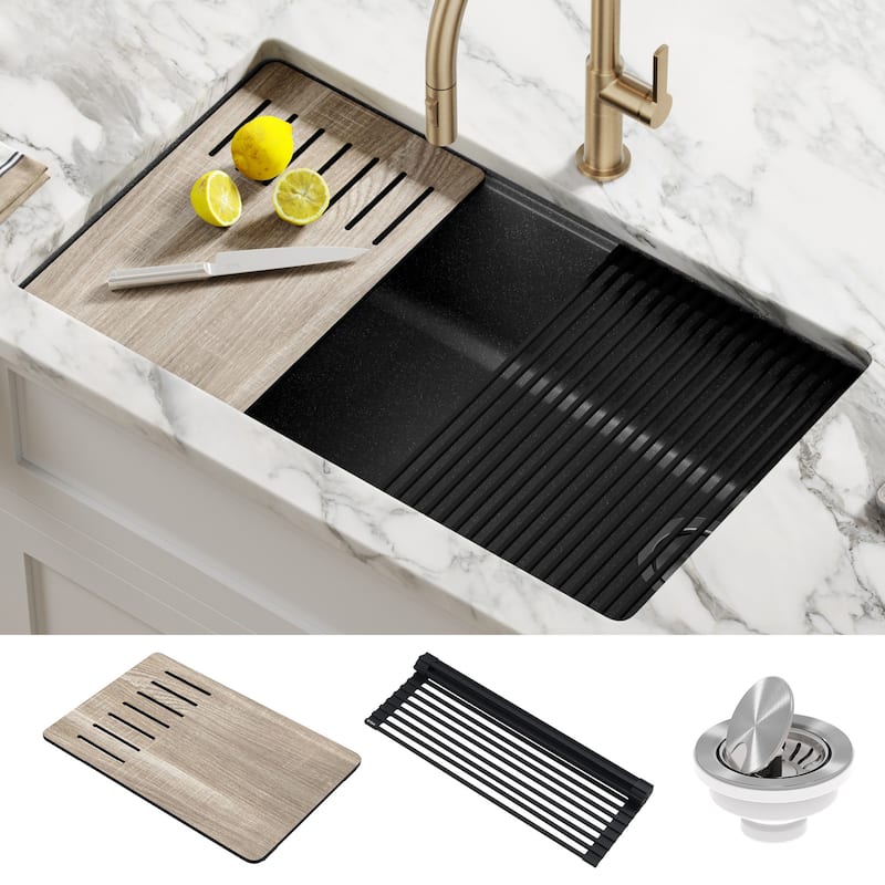 KRAUS Bellucci Workstation Undermount Granite Composite Kitchen Sink - 32" L x 19" W (sink KGUW2-33MBL) - Metallic Black