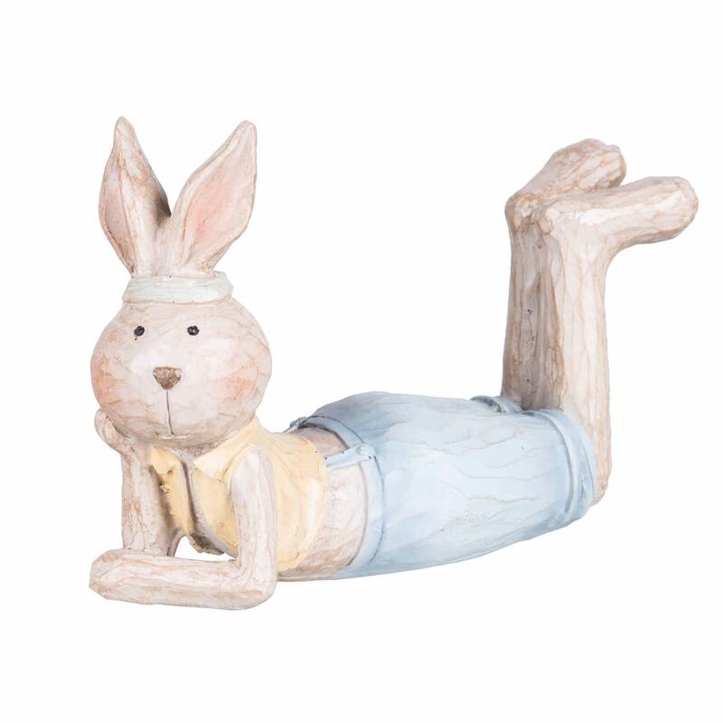 Laying Down Prone Thinking Easter Bunny Small Polyresin Figurines Set of 2