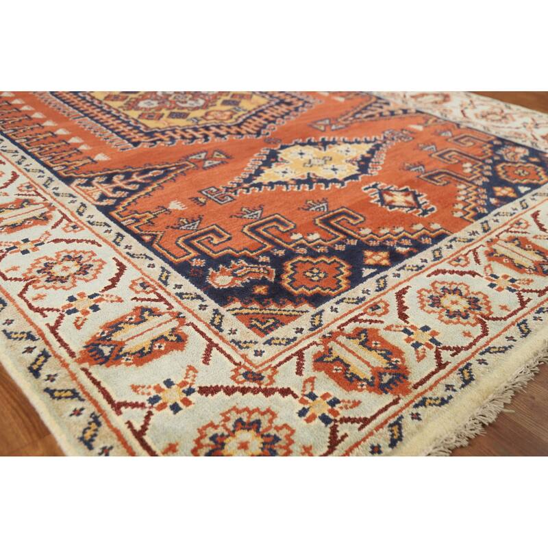 Orange Geometric Viss Indian Area Rug Handmade Wool Carpet - 5'2" x 8'0" - Orange - 5'2" x 8'0"