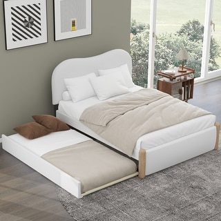 Nestfair Full Size Upholstered Platform Bed with Wood Supporting Feet and Twin Size Trundle