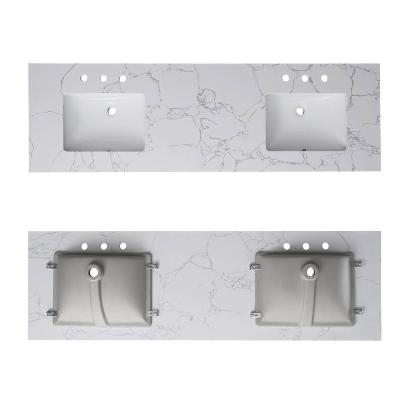 PROOX Bath Vanity Cultured Marble Counter Top Rectangle Porcelian Sink - 73in. W x 21.5in. D - Double Sink