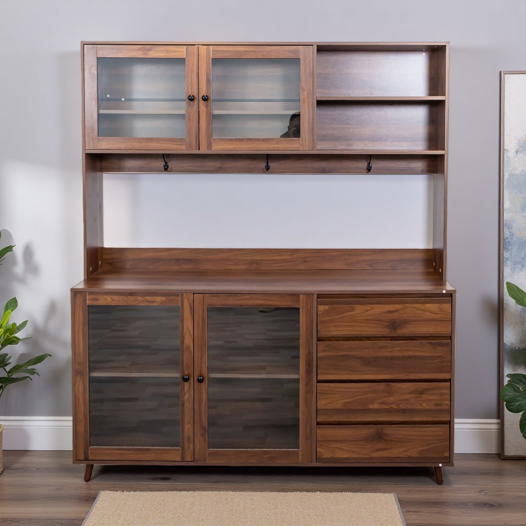 63" Kitchen Hutch Cabinet with Microwave Shelf & Drawers