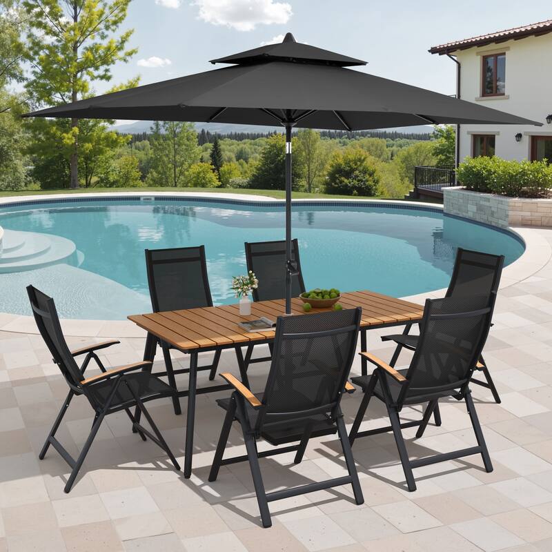 9/11-Piece Outdoor Aluminum Patio Dining Set w/10 ft Umbrella and Base, Rectangle Table and Folding Chairs - Set of 9 - Brown Table with Black Umbrella
