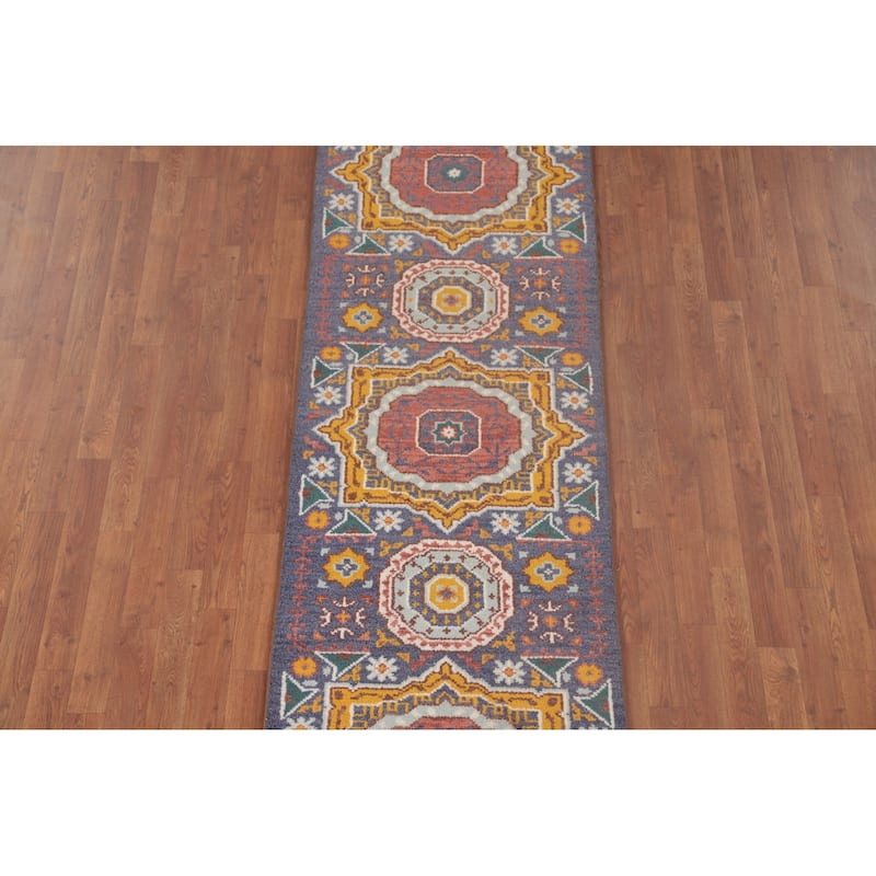 Geometric Blue Kazak Runner Rug Hand-Knotted Wool Carpet - 2'7"x 7'11"