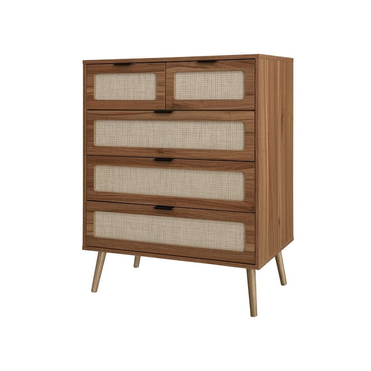 Accent Storage Cabinet with 5 Drawers and Rattan Surface,Suitable for Living Room, Bedroom