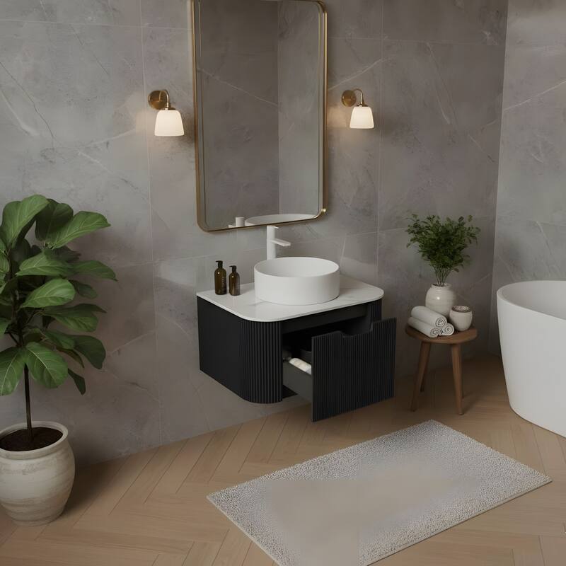 Wall Mounted Bathroom with White Round Ceramic Basin and Drawer
