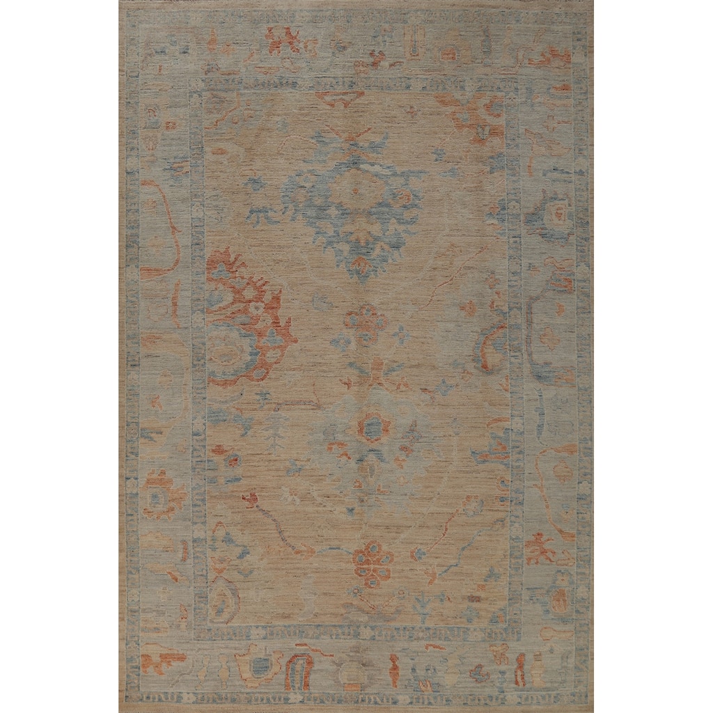 Hand Knotted Oriental 100% Wool Carpet Transitional All-Over Peach Oushak Area Rug - 9' 0'' X 6' 3''