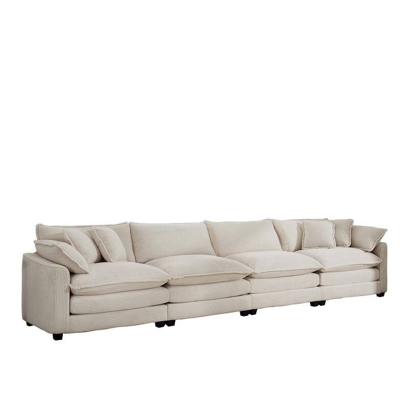 Beige 150" Corduroy Cloud Upholstered 4-seater Modular Sectional Sofa with 6 Pillows, Double Cushion Seat, Free Combination