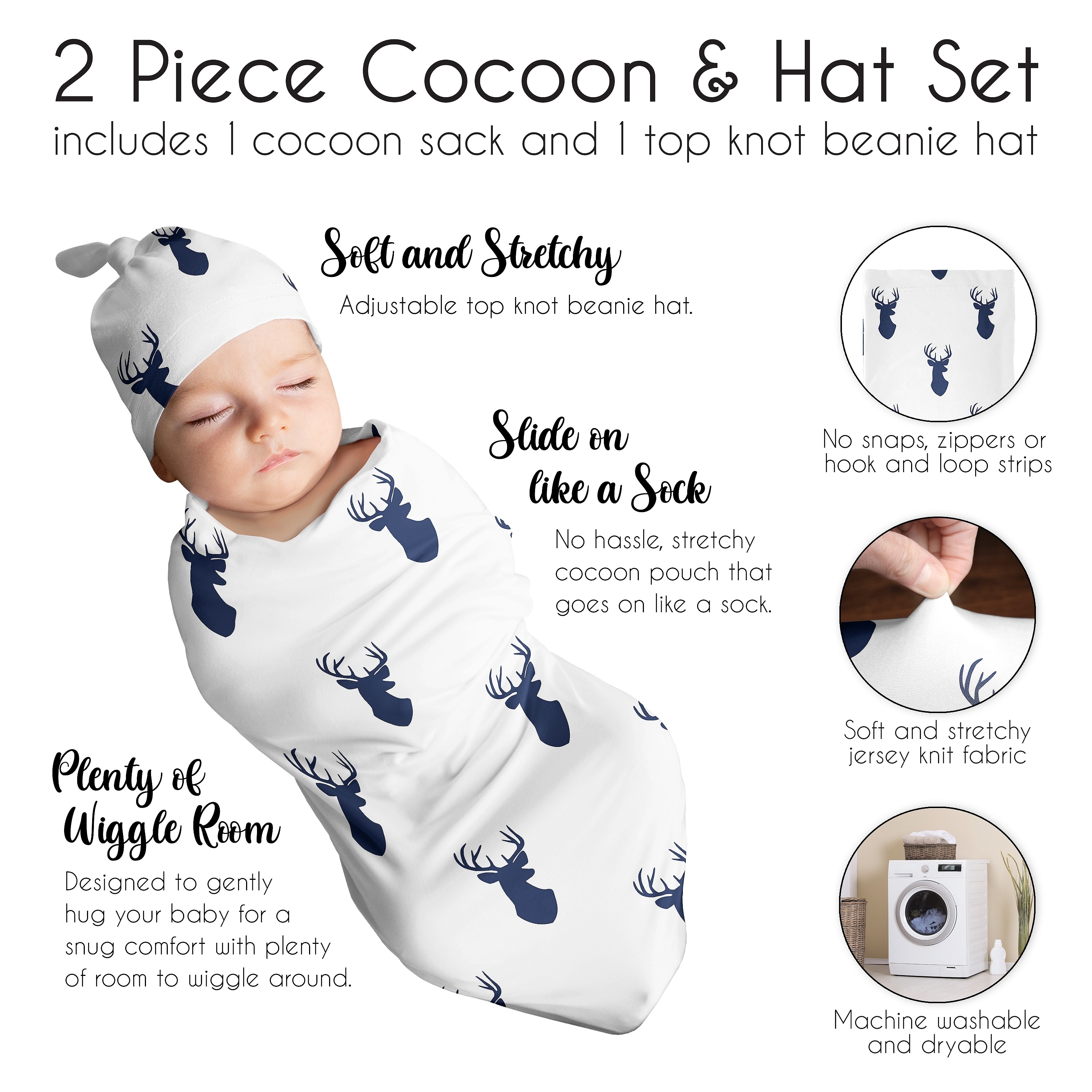 Woodland Deer Collection Boy Baby Cocoon and Beanie Hat Sleep Sack 2pc Set Navy Blue and White Forest Animal Stag Antler