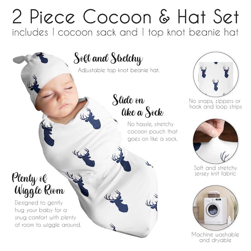 Woodland Deer Collection Boy Baby Cocoon and Beanie Hat Sleep Sack - 2pc Set - Navy Blue and White Forest Animal Stag Antler