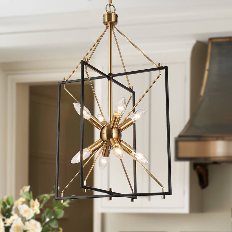 Modern 8-Light Black Gold Geometric Chandelier Metal Ceiling Square Pendant Lighting for Kitchen Island