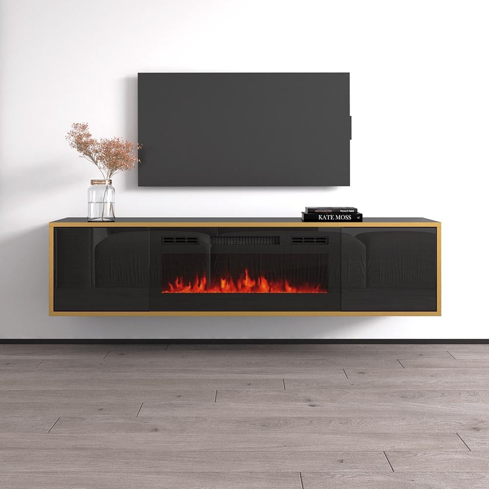 Meble Furniture Goldie BL-EF Electric Fireplace 65" TV Stand - 64.6"W x 23.1"H x 15.7"D - Modern Console for up to 75" TVs