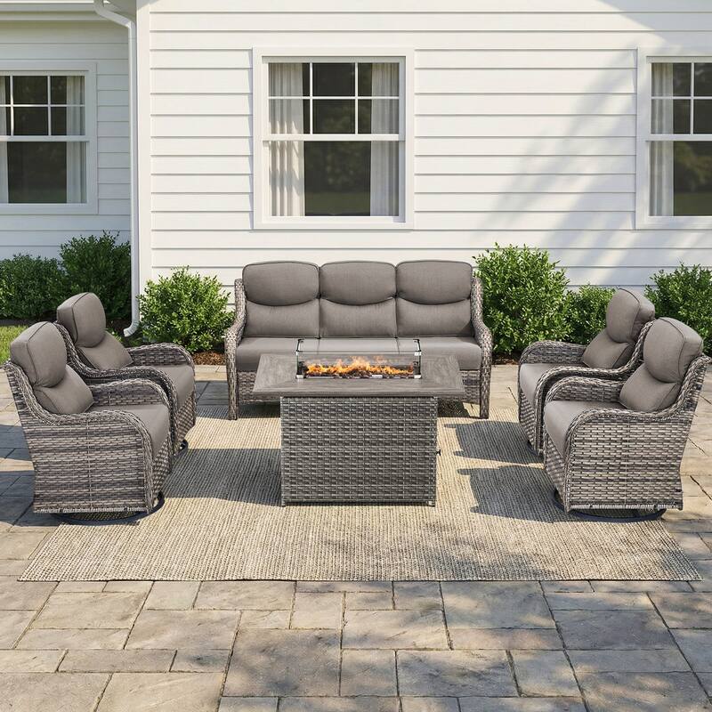 Pocassy Outdoor Fire Pit Sofa Swivel Chairs Conversation Set - Gray Wicker Gray Cushion - 6-Piece Sofa Swivel Chair w/ Fie Pit Table