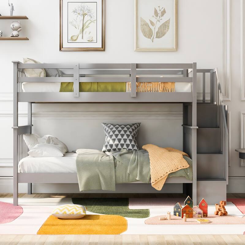Stairway Bunk Bed w/Storage, Can Be Divided into 2 Individual Bedframe
