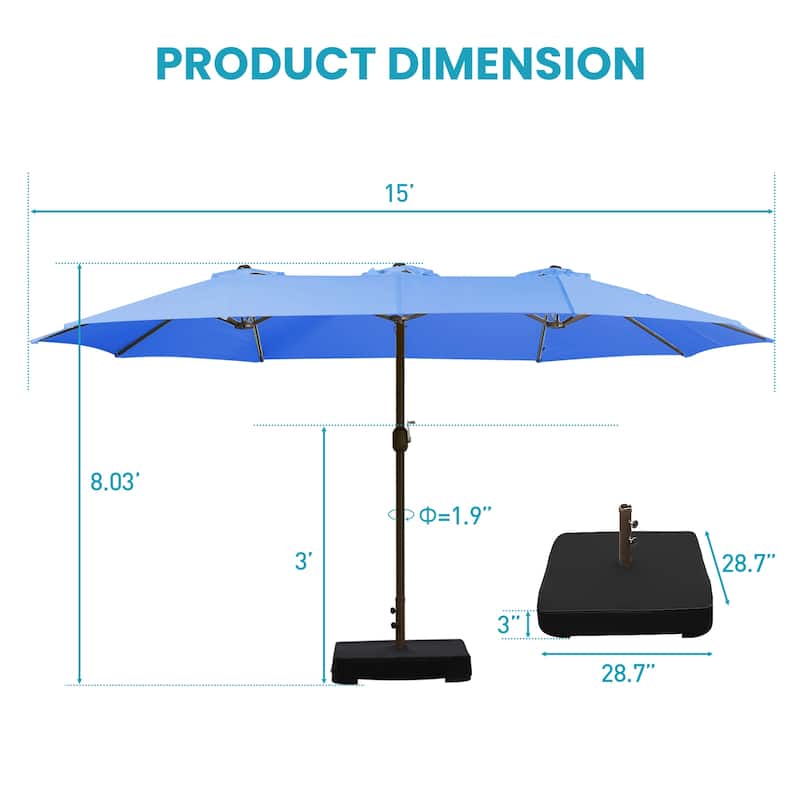 Aoodor 15ft Outdoor Double Sided Market Patio Umbrella with Base Stand