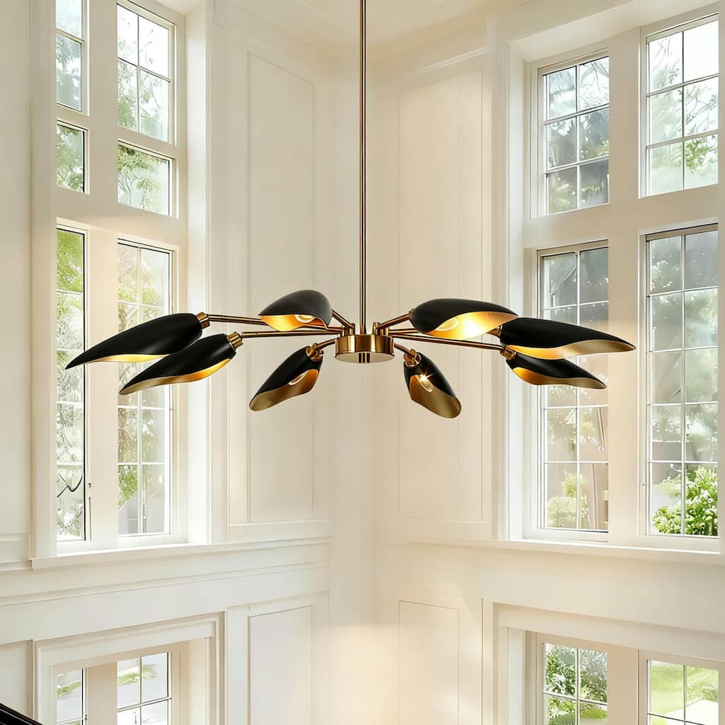 Modern 8-Light Large Black Gold Wheel Chandelier Metal Pendant Lights for Dining Room with Adjustable Head
