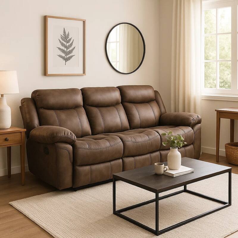 Arisa Sofa, Brown Faux Leather, Drop Down Table with Cupholders, 87 Inch
