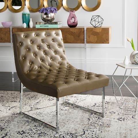 SAFAVIEH Mid-Century Modern Glam Hadley Tufted Leather Antique Taupe Club Chair - 25" x 30" x 32"