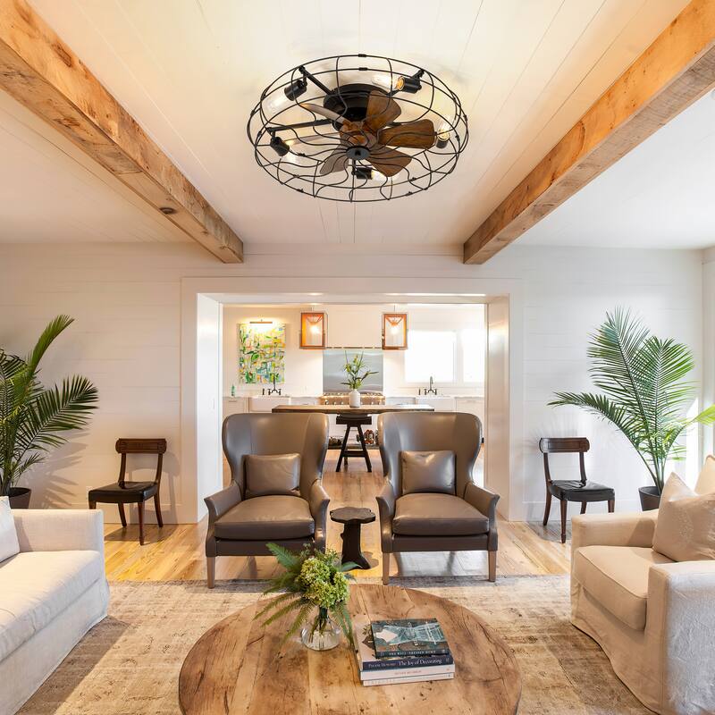 19"/23.6" Farmhouse Industrial Enclosed Caged Ceiling Fan with Light & Remote