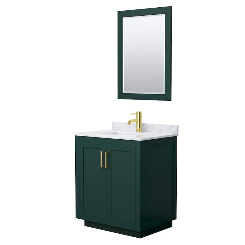 Miranda Single Vanity Set, White Carrara Marble Top, 24-Inch Mirror - Green, Gold Trim, White Carrara Marble Top