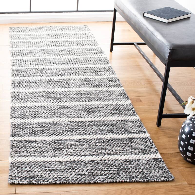 SAFAVIEH Handmade Vermont Misti Stripe Wool Rug - 2'3" x 8' Runner - Black/Ivory