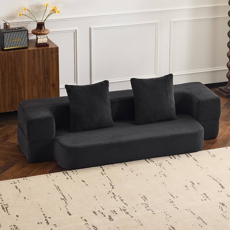 Sectional Sofa With 3 Ottoman Stools - Supportive Foam Fold-Out Bed, Compact Chenille Lounger - Black