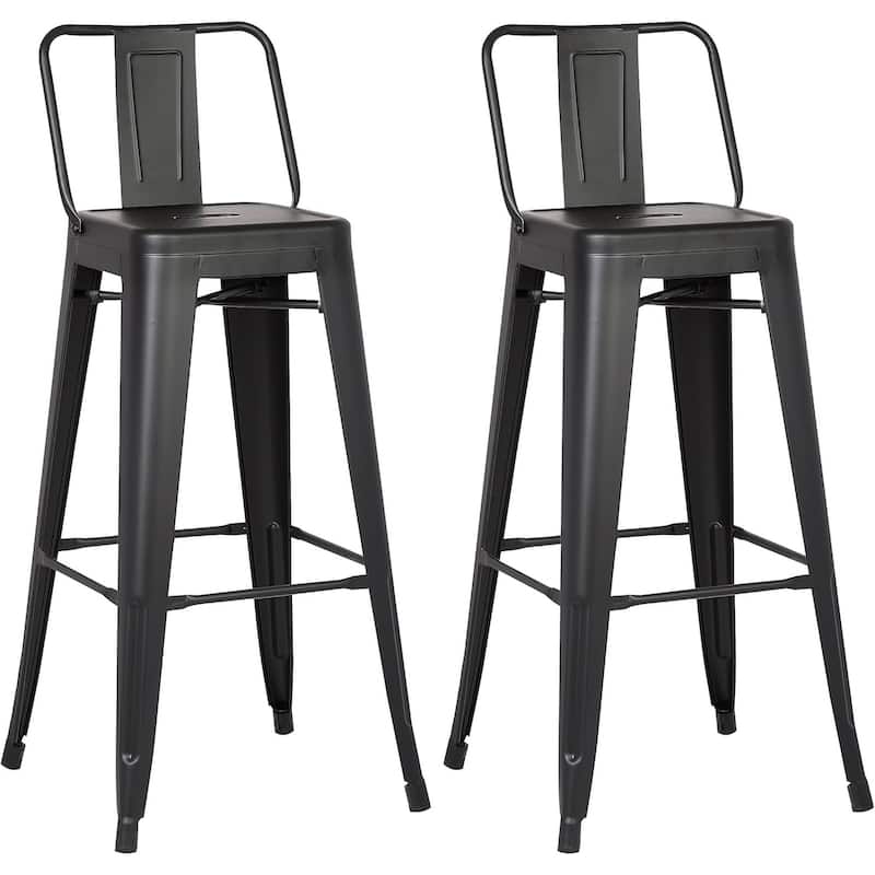 Industrial Metal Bar Stools Set of 2 Bucket Back 4 Leg Design 30in Seat Matte Black - Black