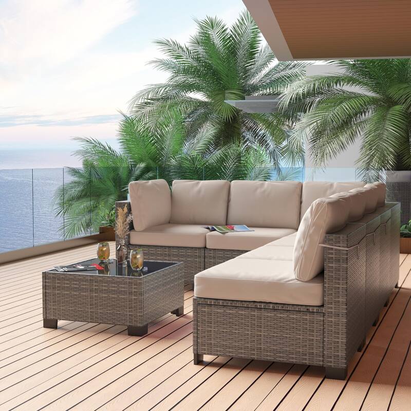 Patio Funiture Set 7 Pieces Outdoor Rattan with Detachable Soft Cushions Patio Conversation Sets