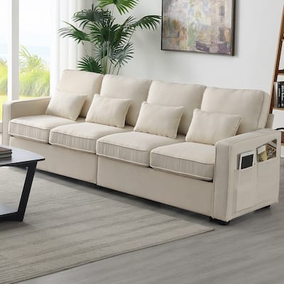 4-Seater Linen Fabric Sofa with Armrest Pockets and 4 Pillows