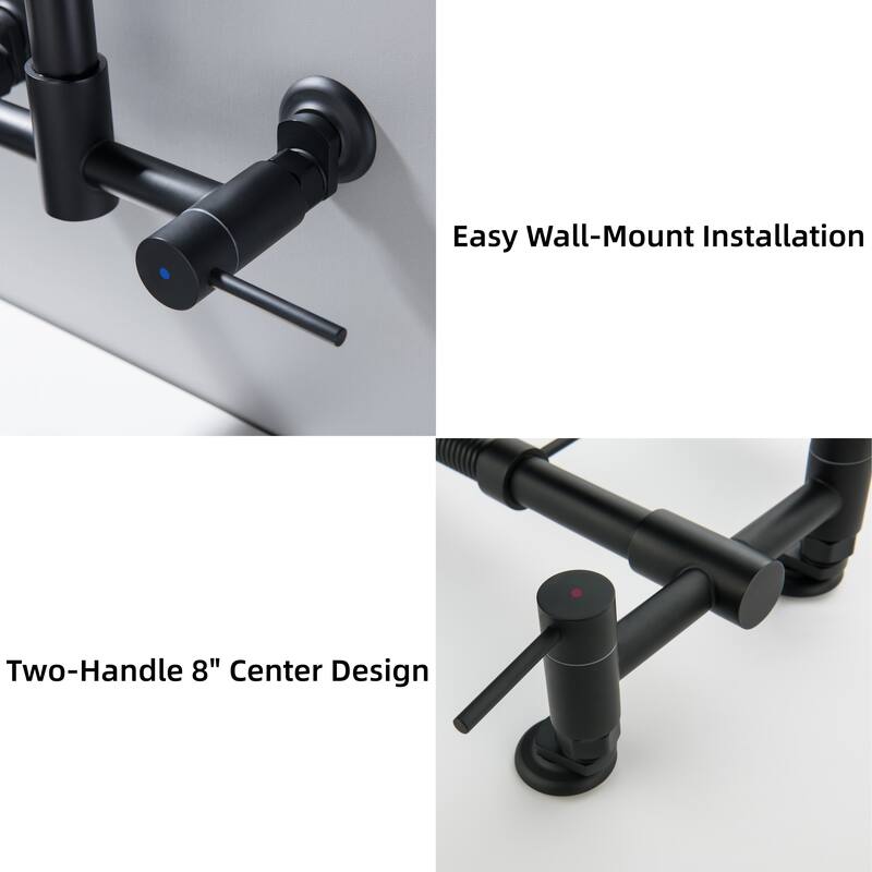 Modland Wall-Mounted Kitchen Faucet with Pull Down Sprayer 3-Function in Brushed Gold/Matte Black